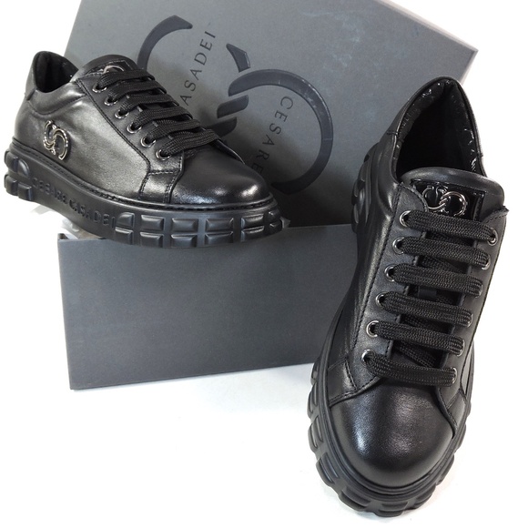 CASADEI 🇮🇹 WOMEN"S BLACK SOFT LEATHER COMFORT FASHION SNEAKERS - Picture 8 of 8